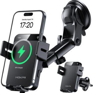 MOKPR Wireless Car Charger Mount – 15W Fast Charging Auto-Clamping Phone Holder for Dash, Windshield & Air Vent