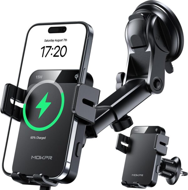 MOKPR Wireless Car Charger Mount – 15W Fast Charging Auto-Clamping Phone Holder for Dash, Windshield & Air Vent