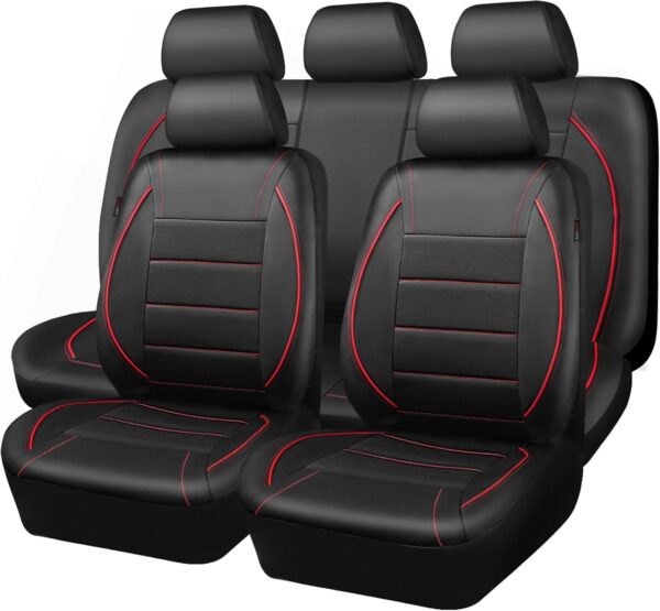 Universal Fit Leather Car Seat Covers – Full Set, Airbag Compatible, Black & Red Design